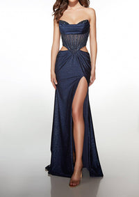 ALYCE PARIS Long Cowl Neckline Ruched Draped Straight Dress in navy - women's dress