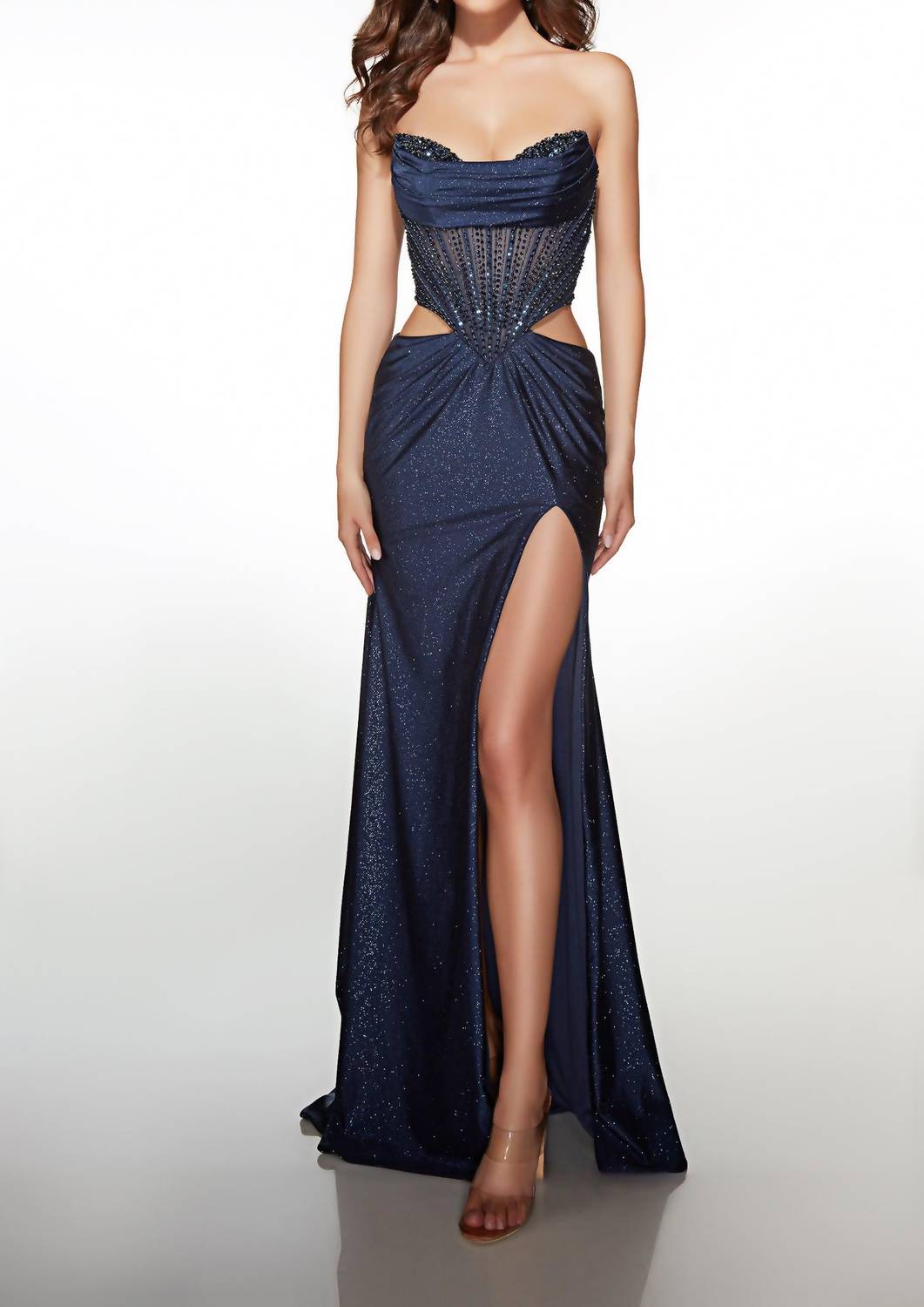 ALYCE PARIS Long Cowl Neckline Ruched Draped Straight Dress in navy - women's dress