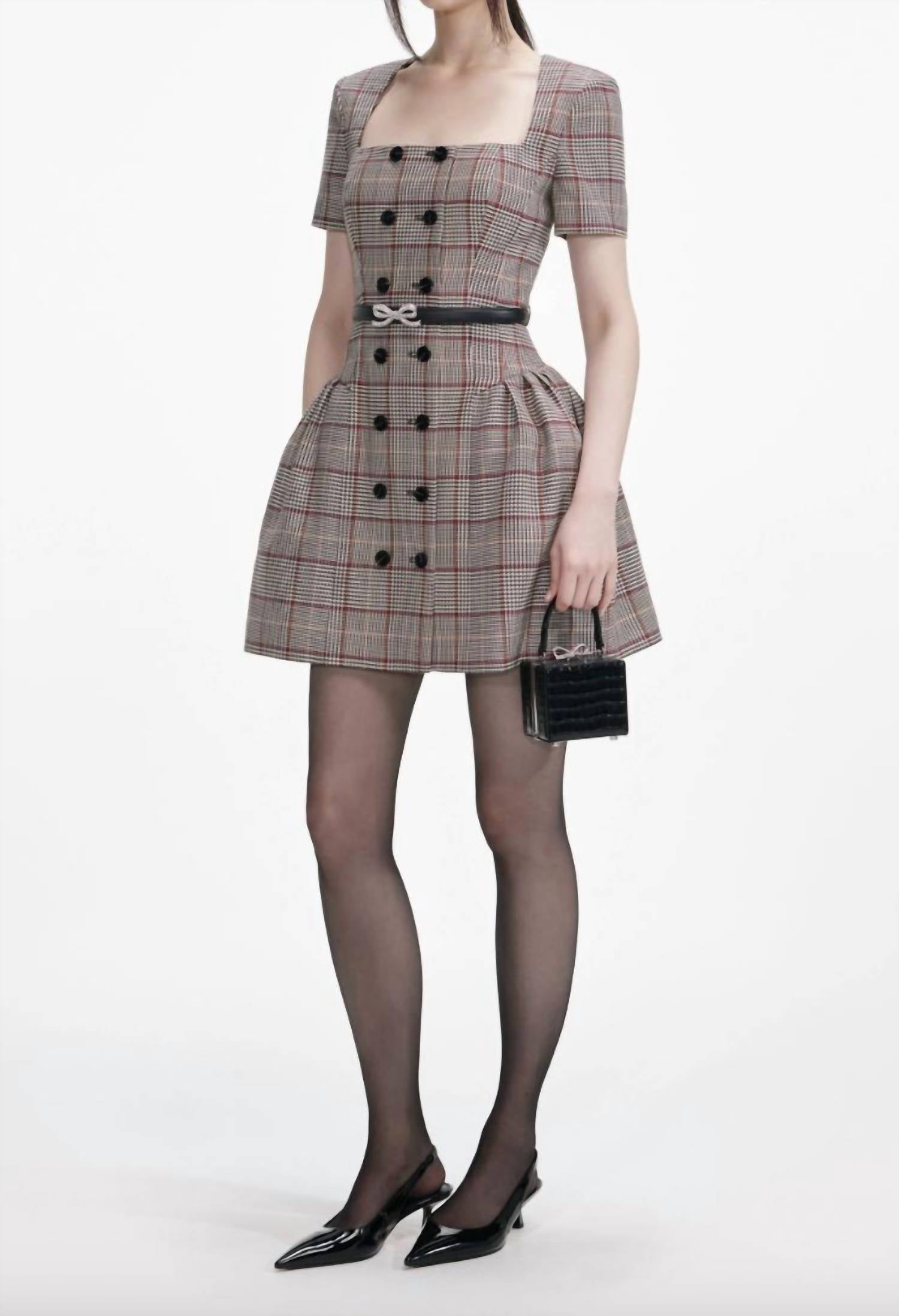 self-portrait Check Wool Mini Dress in red black - women's dress - alternate view