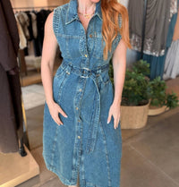 ELAN Midi Sleeveless A Line Denim Dress in blue - women's dress - view 8