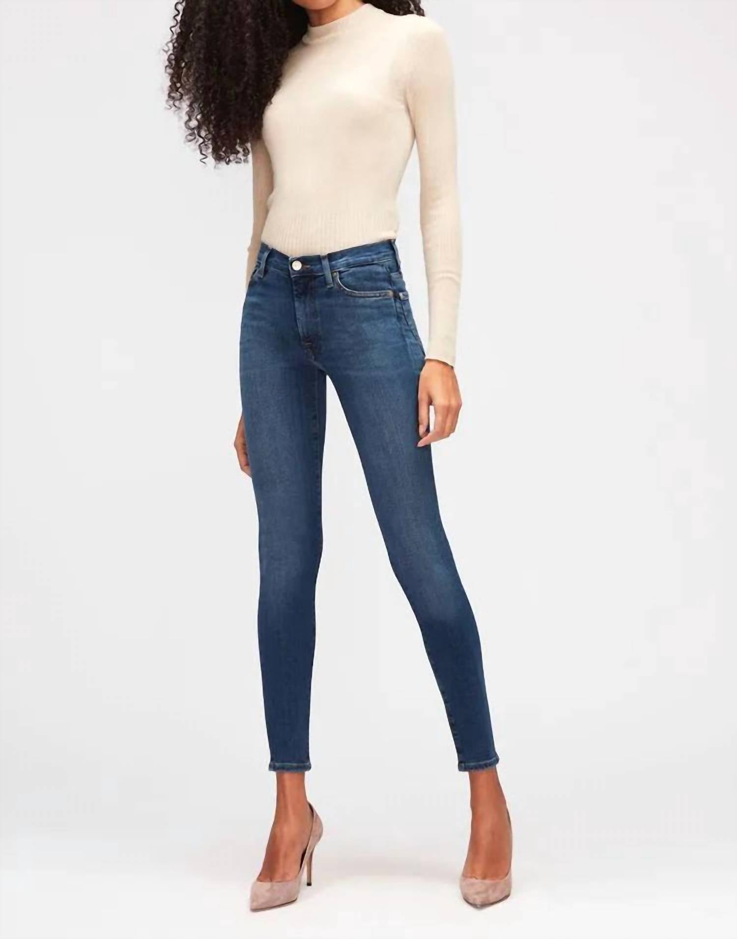 7 For All Mankind High Waist Super Skinny Jeans in dark wash denim - women's jeans - detail view