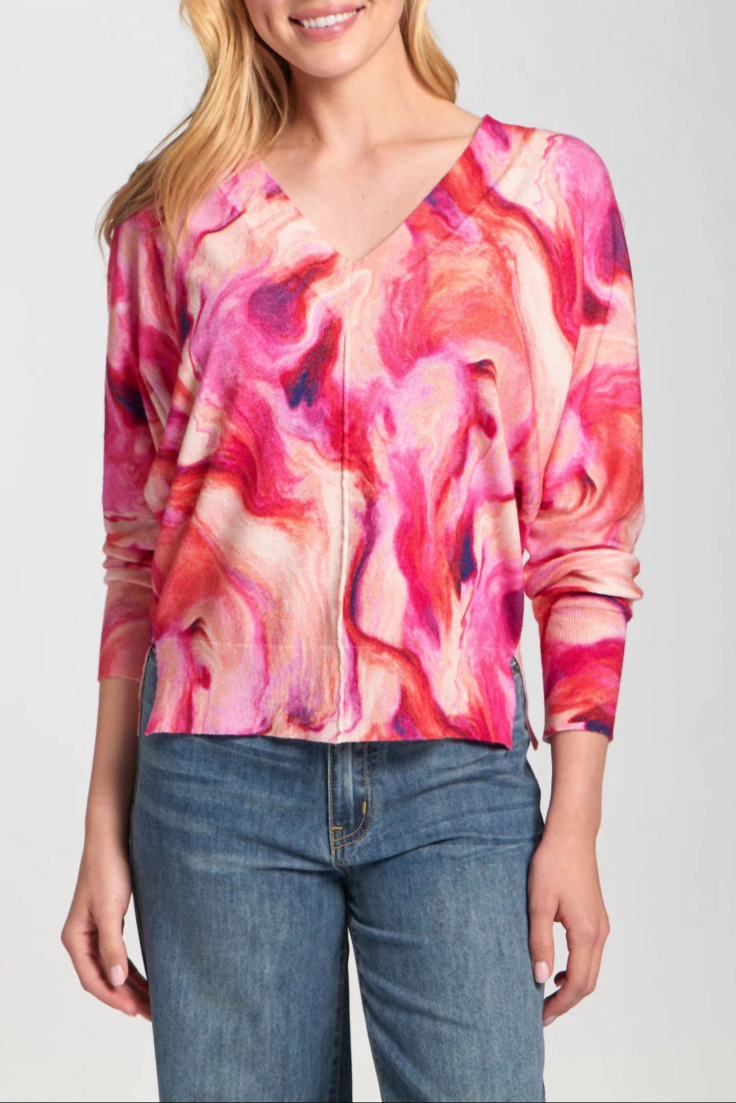 APNY Berry Marble Printed V-neck Pullover Top in pink - women's long sleeve top