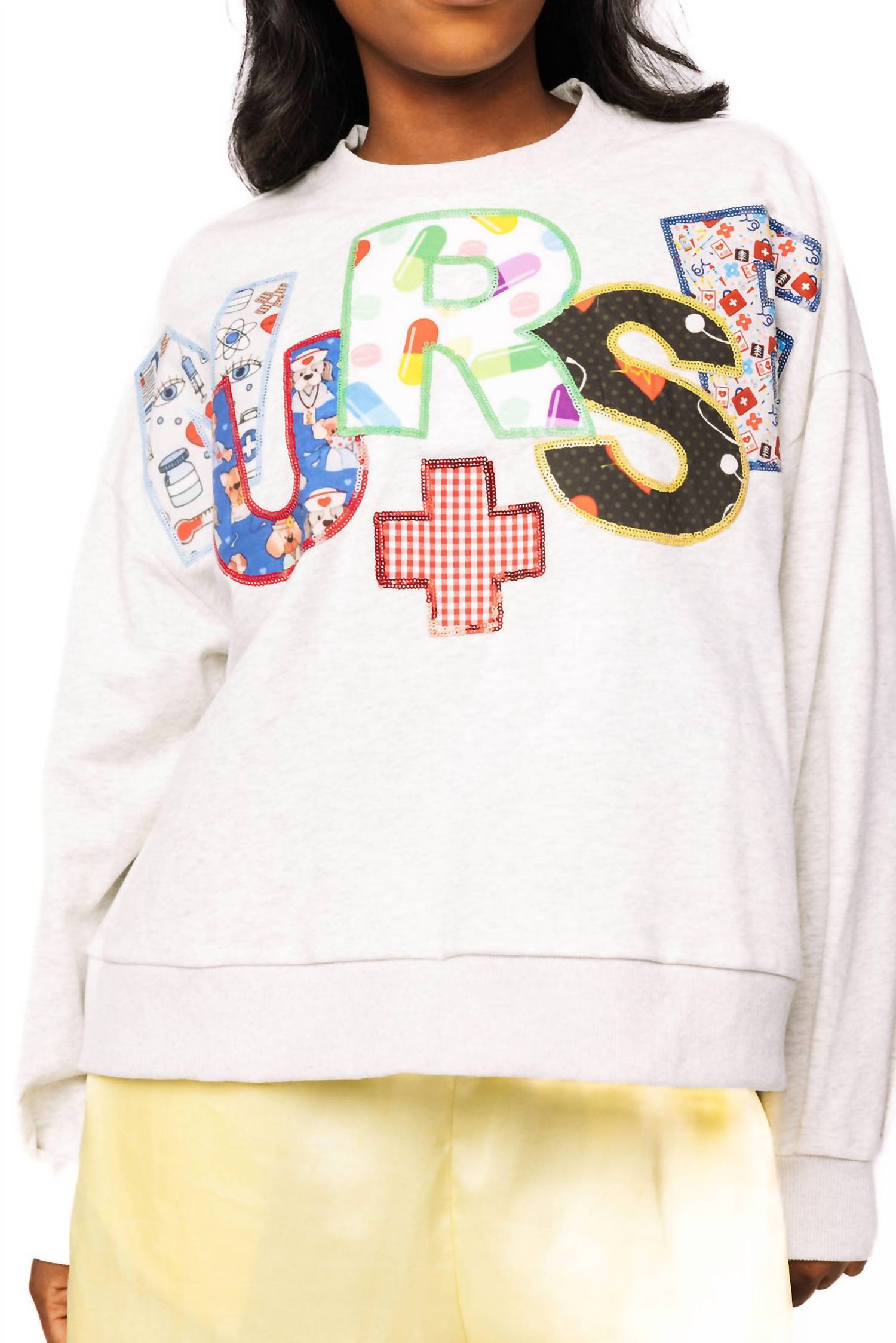 QUEEN OF SPARKLES Nurse Multi Fabric Sweatshirt in grey - women's top - view 6