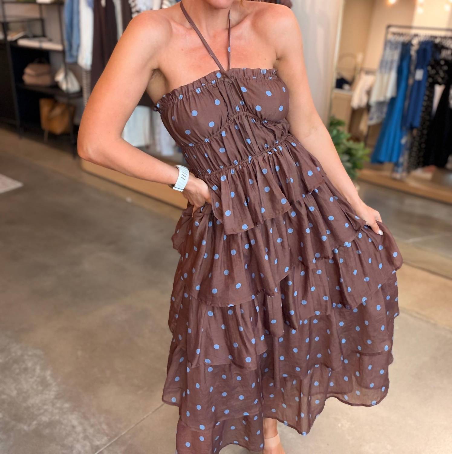Emory Park Bella Polka Dot Maxi Dress in brown - women's dress - detail view