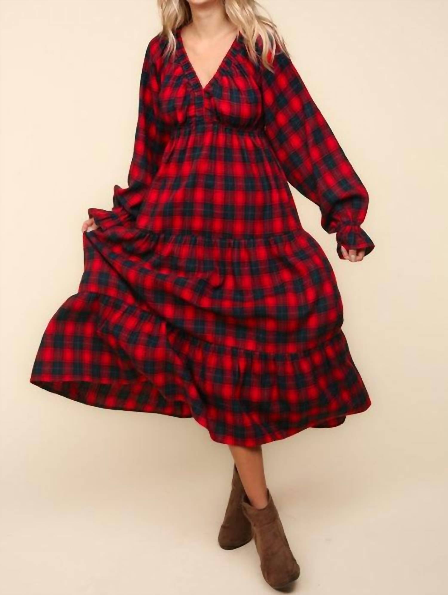 Haptics - Plaid V Neck Tiered Dress
