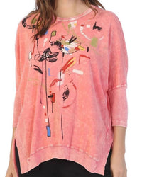 Jess & Jane Chicas Mineral Washed Cotton Dolman Sleeve Top in coral - women's blouse - detail view