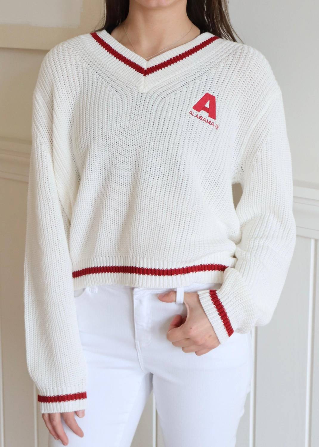 Ellsworth + Ivey Alabama V-neck Varsity Sweater in white - women's sweater