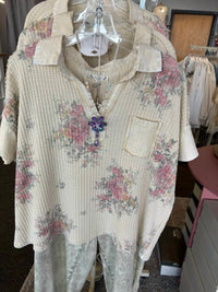 Easel - Floral Print Washed Waffle Top