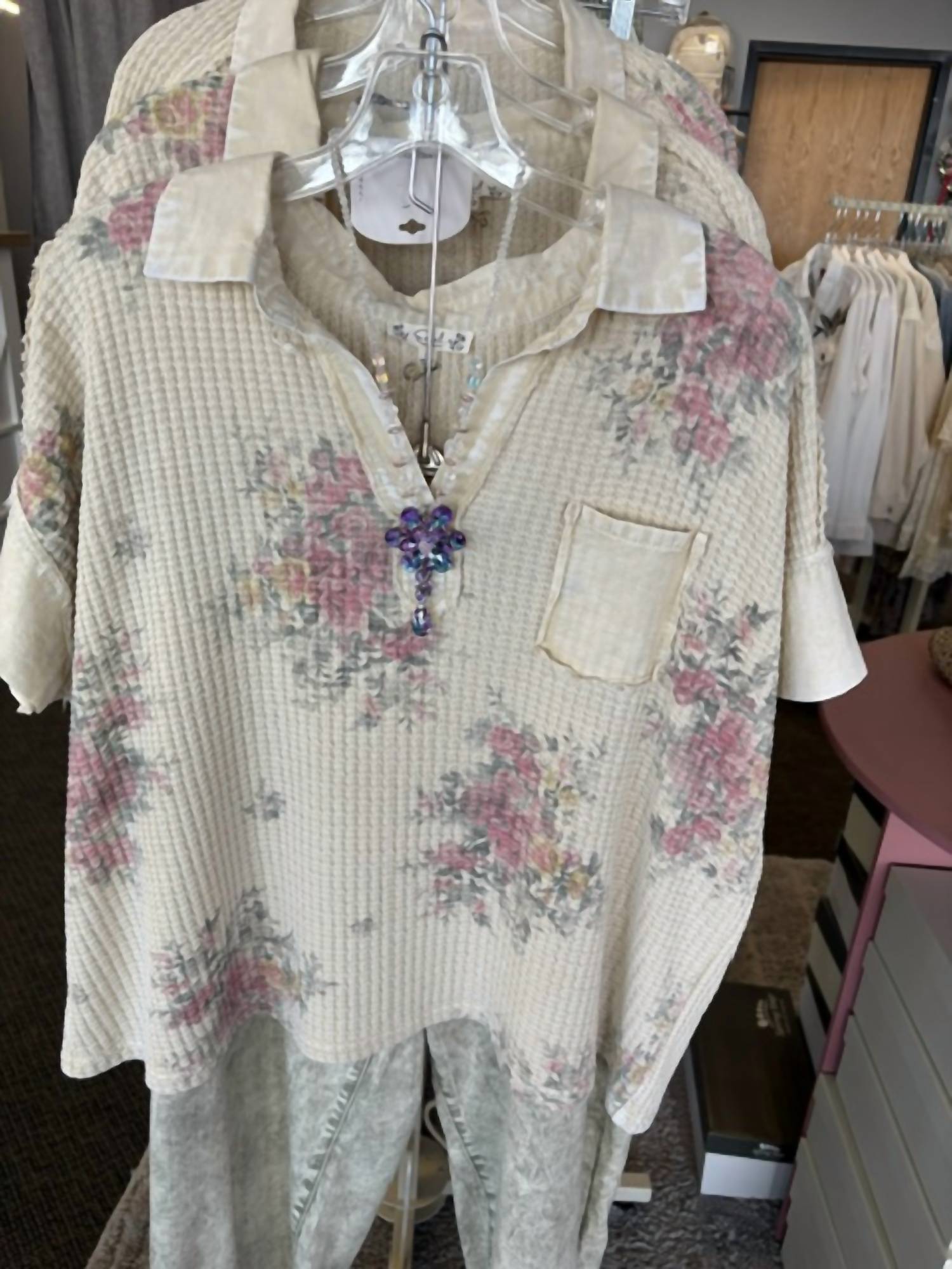 Easel - Floral Print Washed Waffle Top
