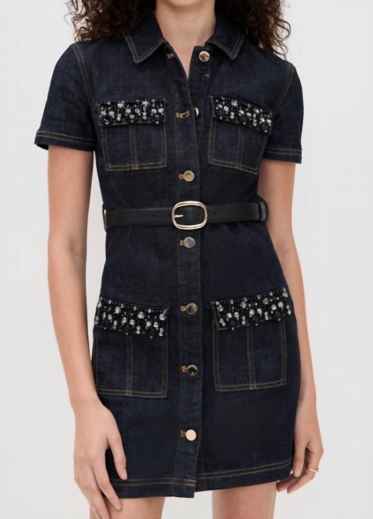 Self-Portrait - Crystal Trim Denim Mini Dress