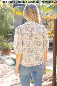 Voy - Women's Floral Eyelet Half Puff Sleeve Top