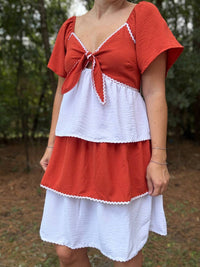 Timing Rust & Ruffles Dress in red white - women's dress - detail view
