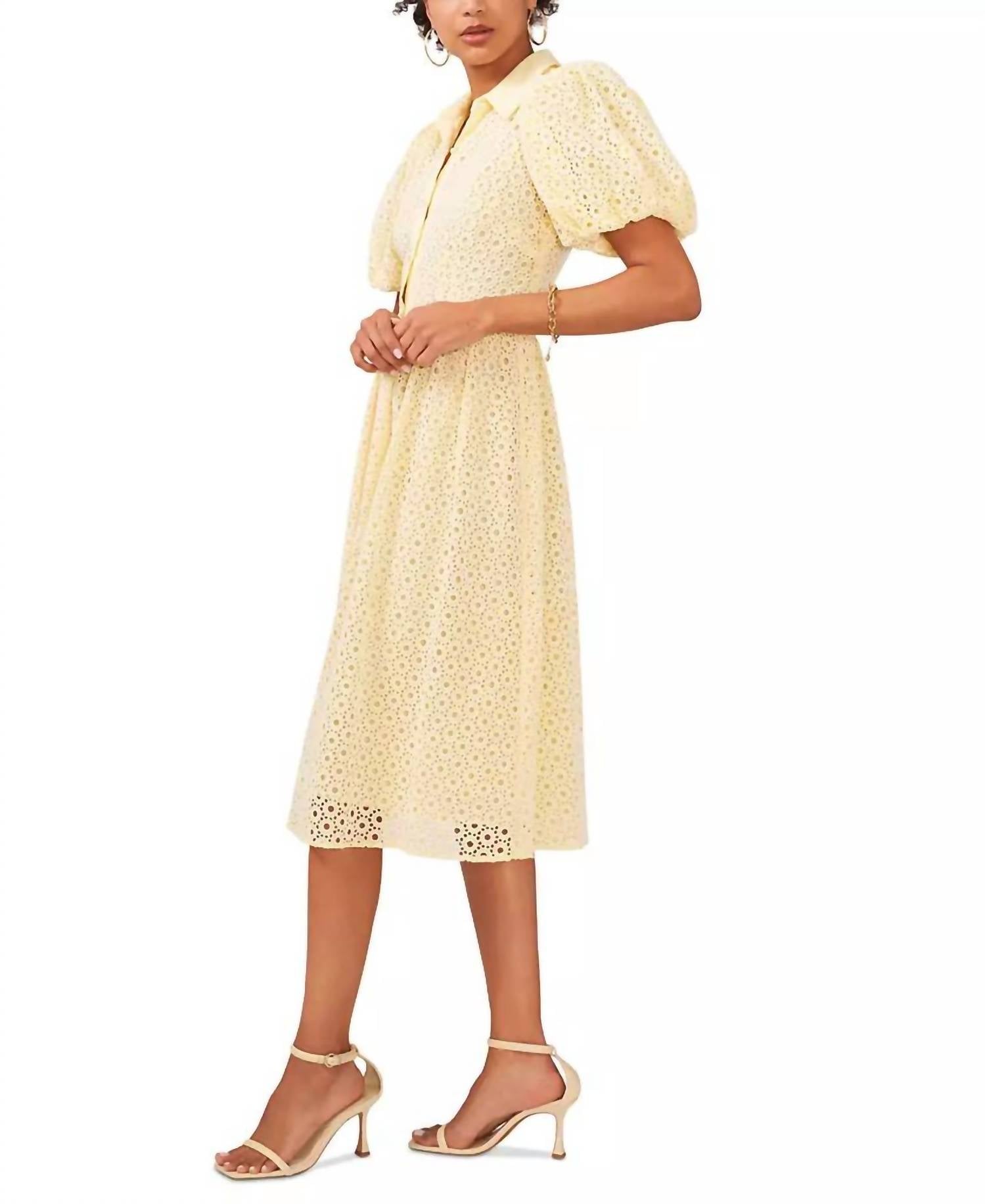 CeCe Balloon-sleeve Cotton Dress in lemon ice - women's dress - detail view