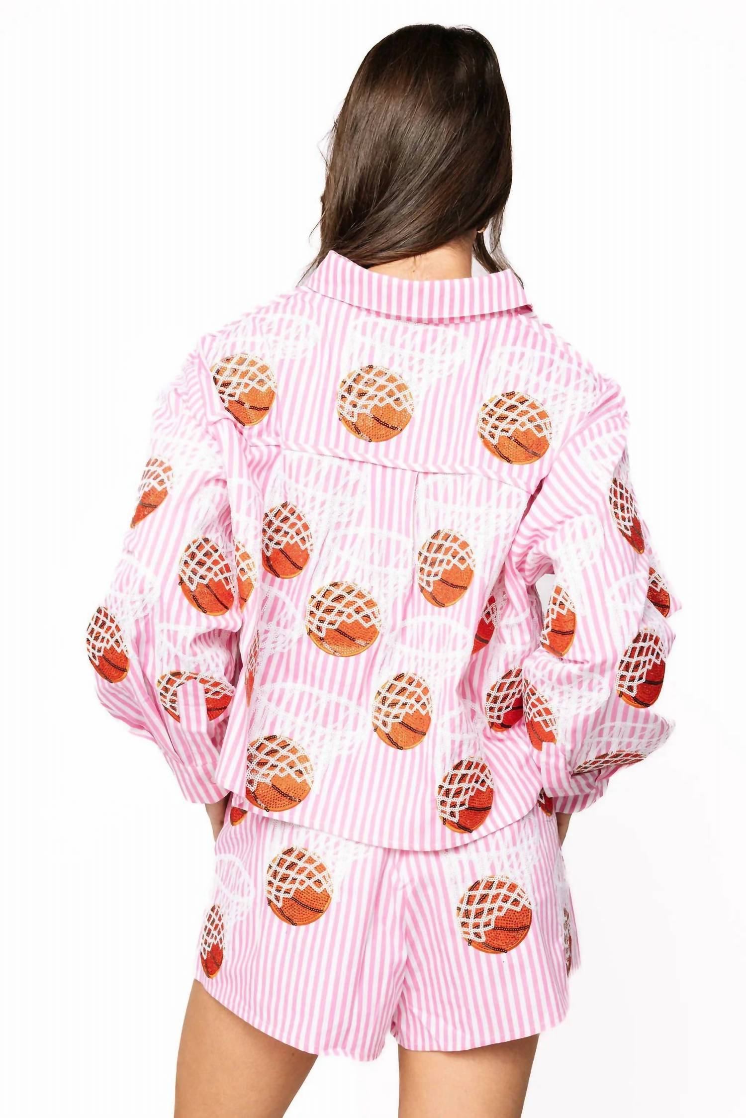Queen Of Sparkles - Stripe Basketball Hoop Button Up Top