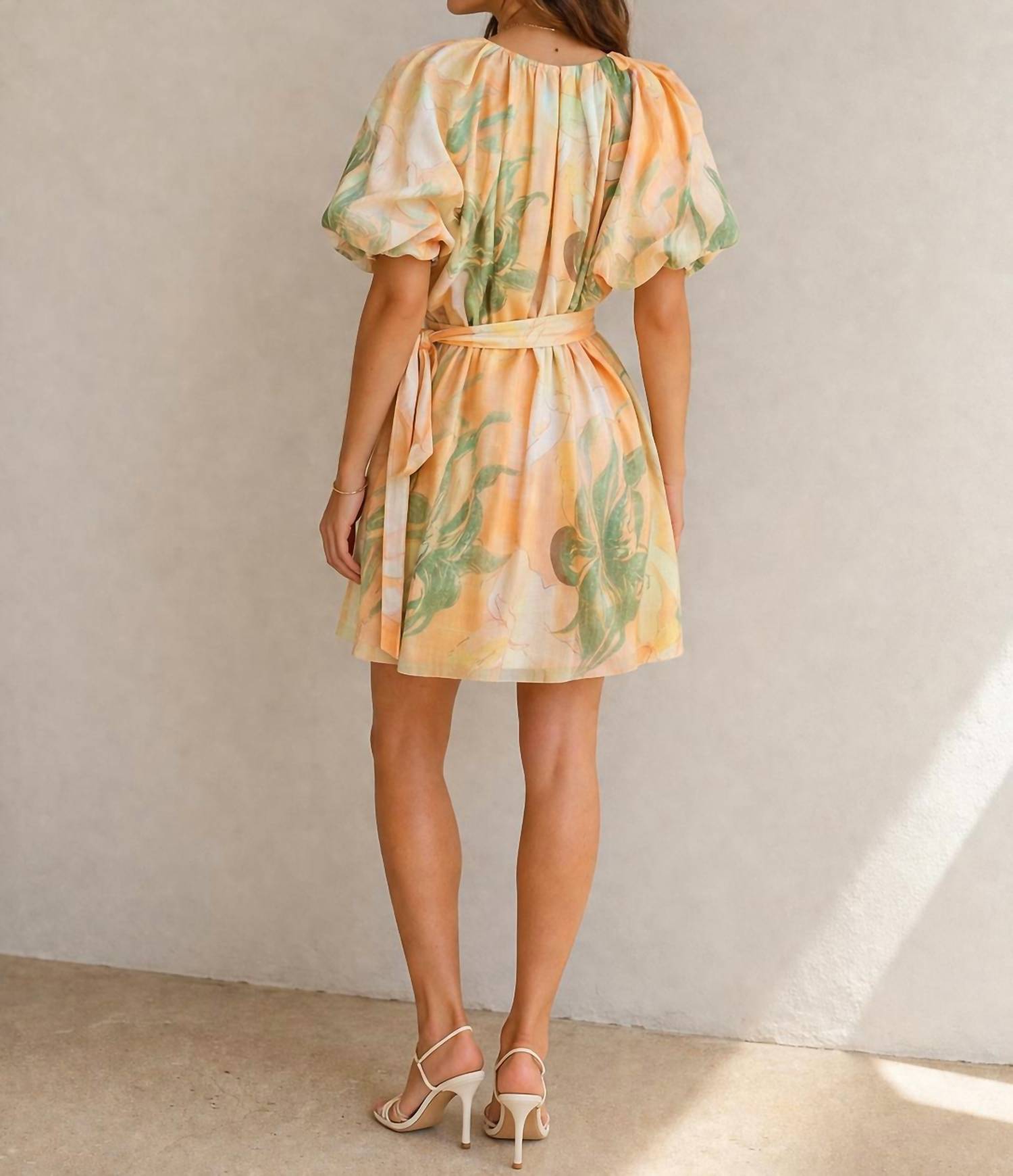 Jade Puff sleeve dress in peach paradise - women's dress - detail view
