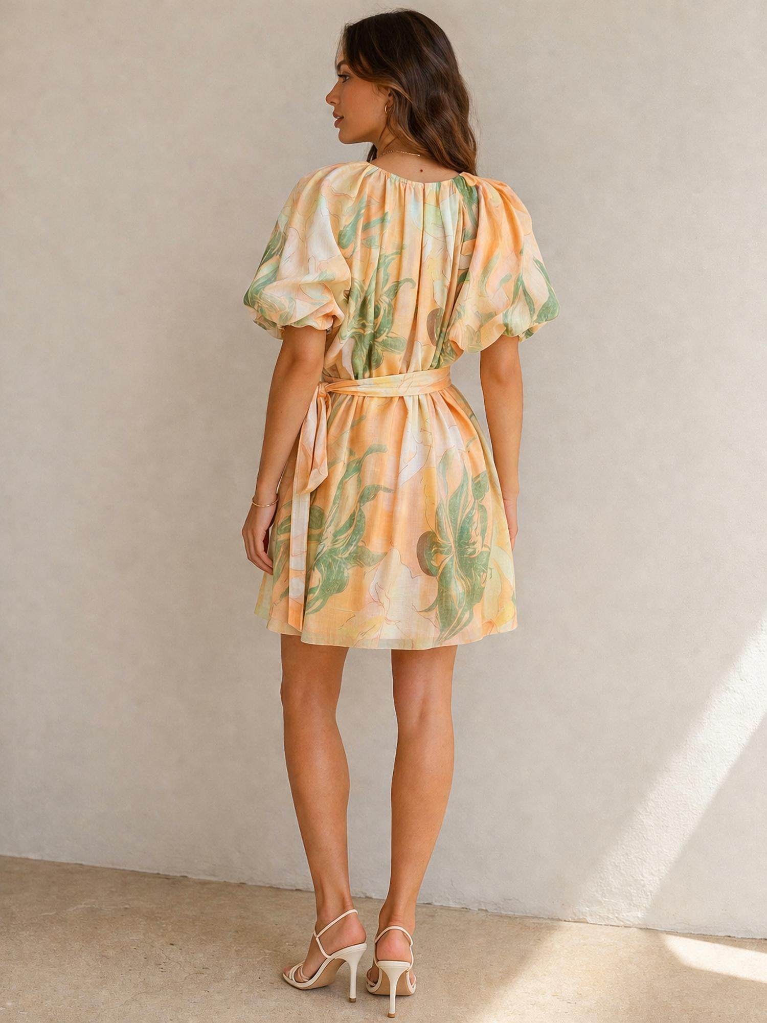 Jade Puff sleeve dress in peach paradise - women's dress - alternate view