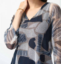 Joseph Ribkoff - Geometric Print Mesh Overlay V-neck Top