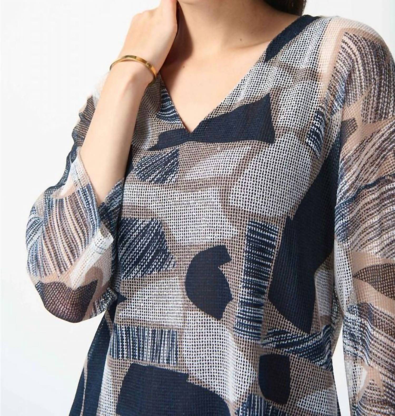 Joseph Ribkoff - Geometric Print Mesh Overlay V-neck Top
