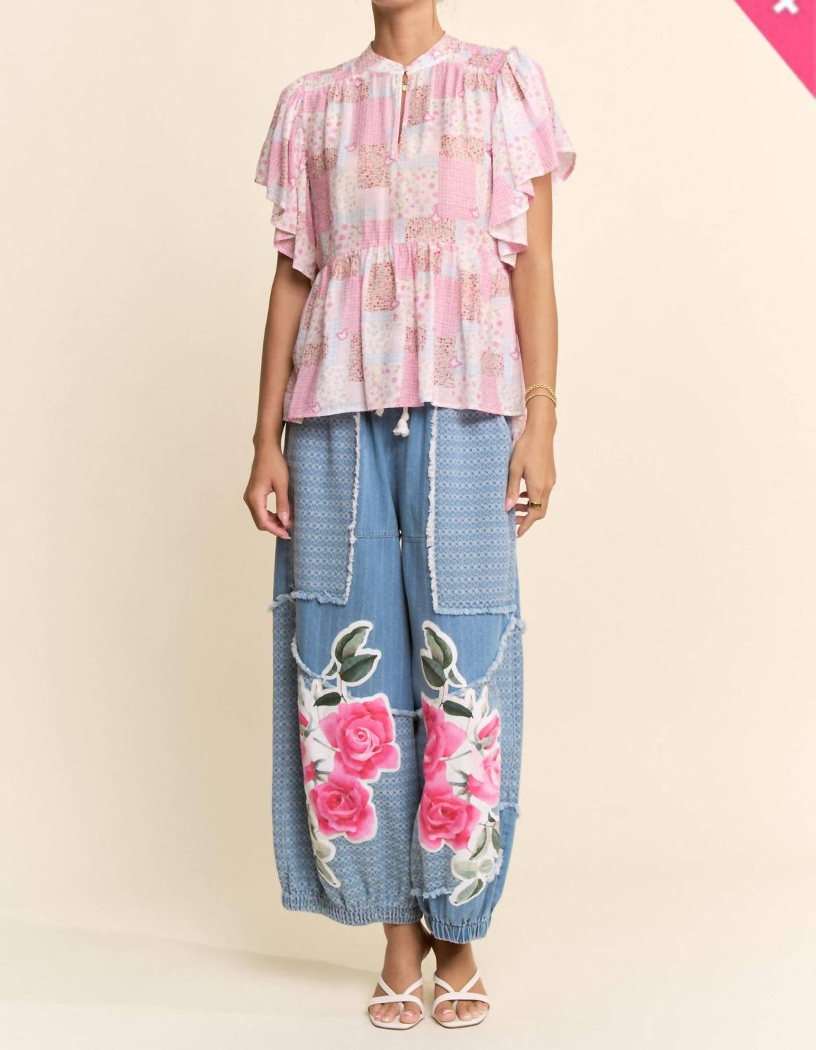 Davi & Dani - Denim Flower Patchwork Pants