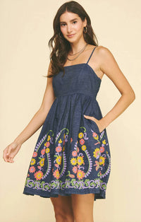 Pinch - Stitch Detail Embroidered Floral Mini Dress