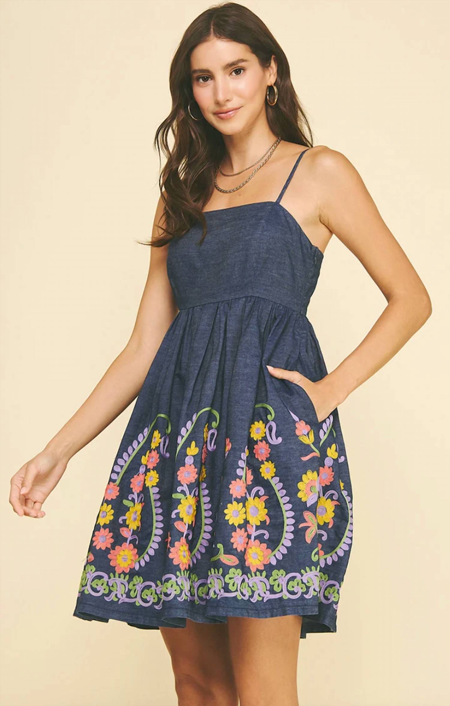 Pinch - Stitch Detail Embroidered Floral Mini Dress