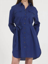 Stellah Cotton Yarn Dye Stripe Button Down Shirt Mini Dress in blue - women's dress