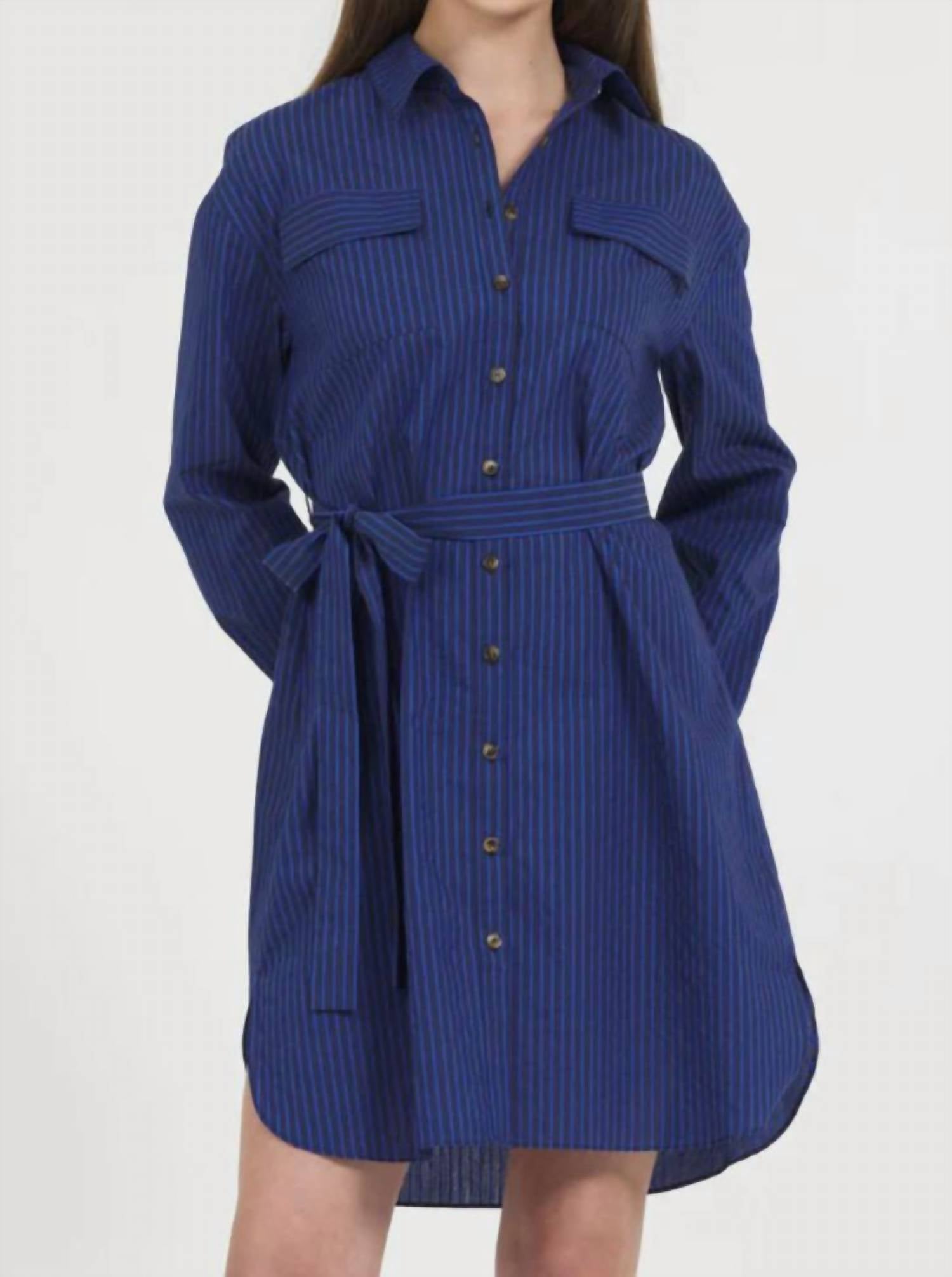 Stellah Cotton Yarn Dye Stripe Button Down Shirt Mini Dress in blue - women's dress