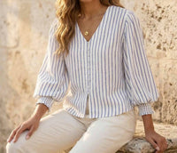 Karen Kane - Stripe Layered Sleeve Shirred Blouse