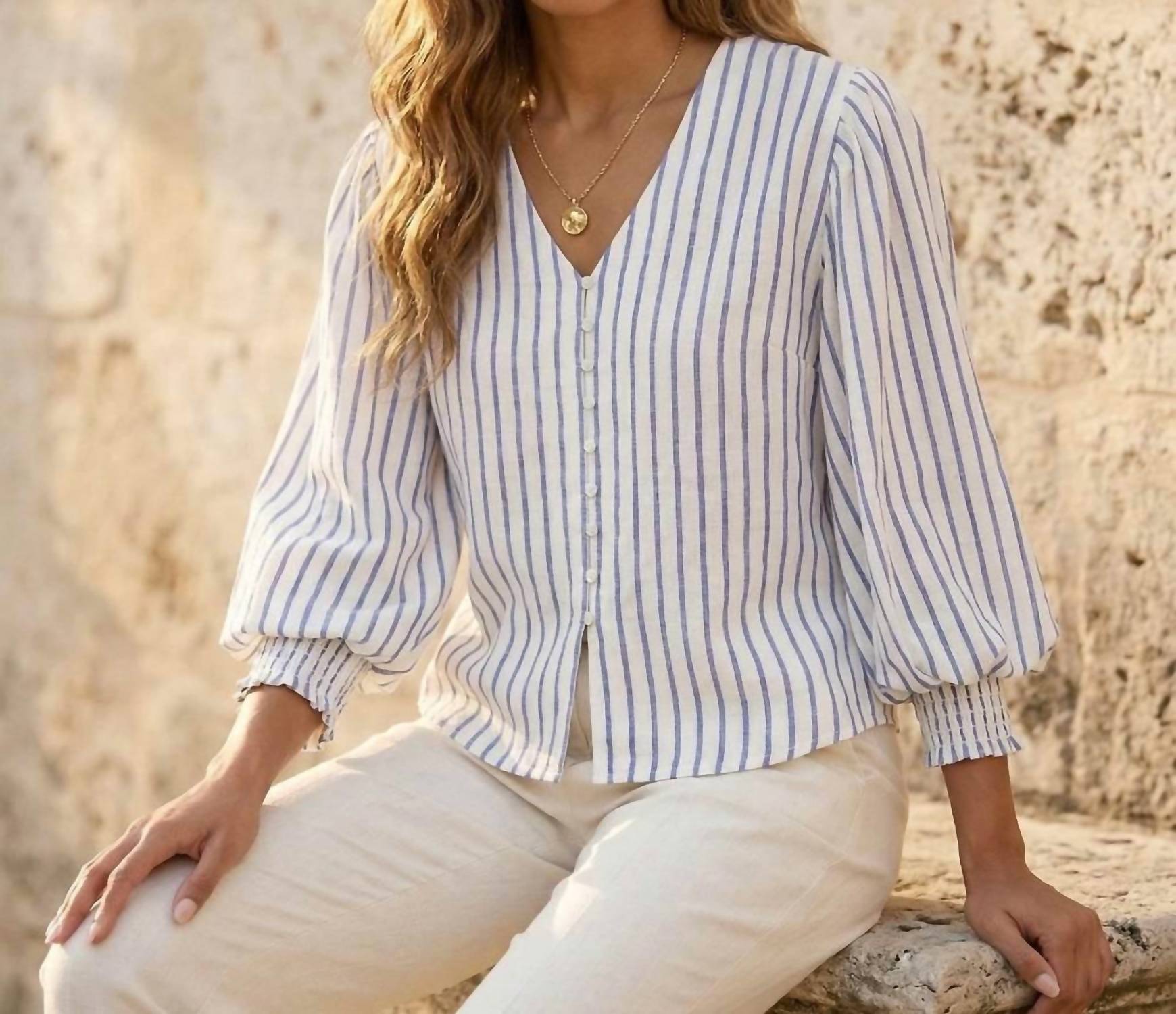 Karen Kane - Stripe Layered Sleeve Shirred Blouse