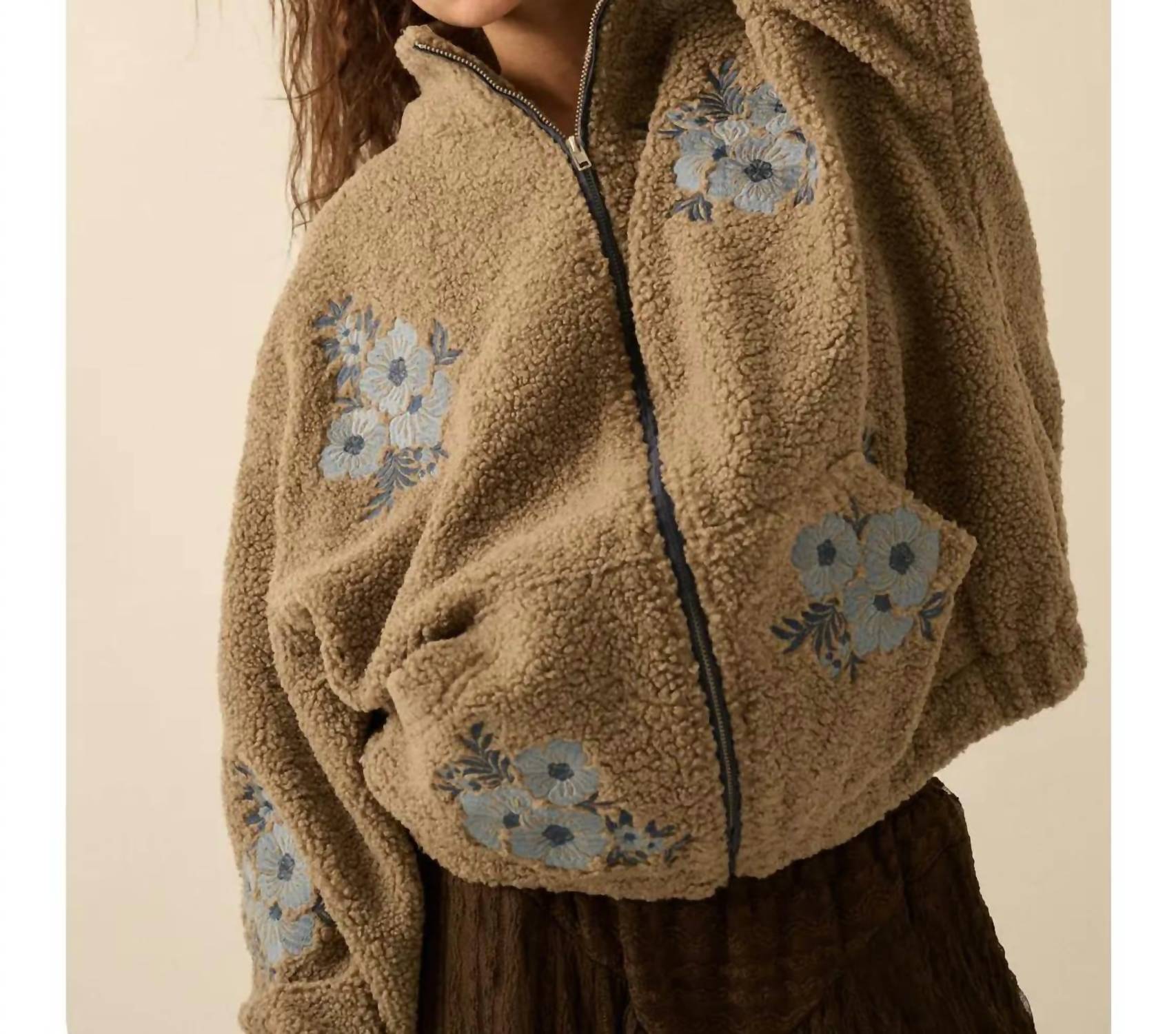 Promesa - Warm Blossoms Floral-embroidered Fleece Jacket