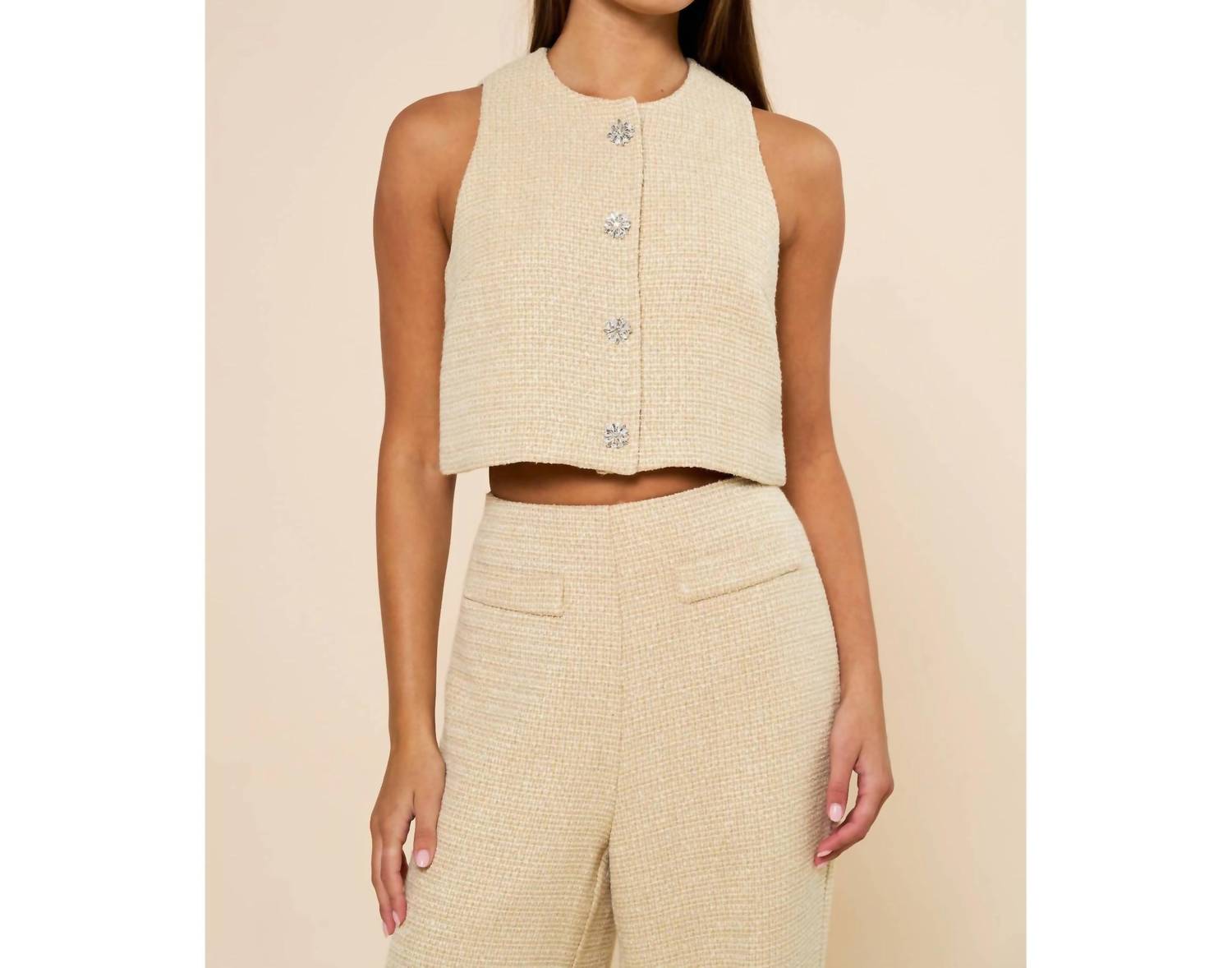 Lalavon - Sleeveless Tweed Cropped Top & Wide Leg Pants Set
