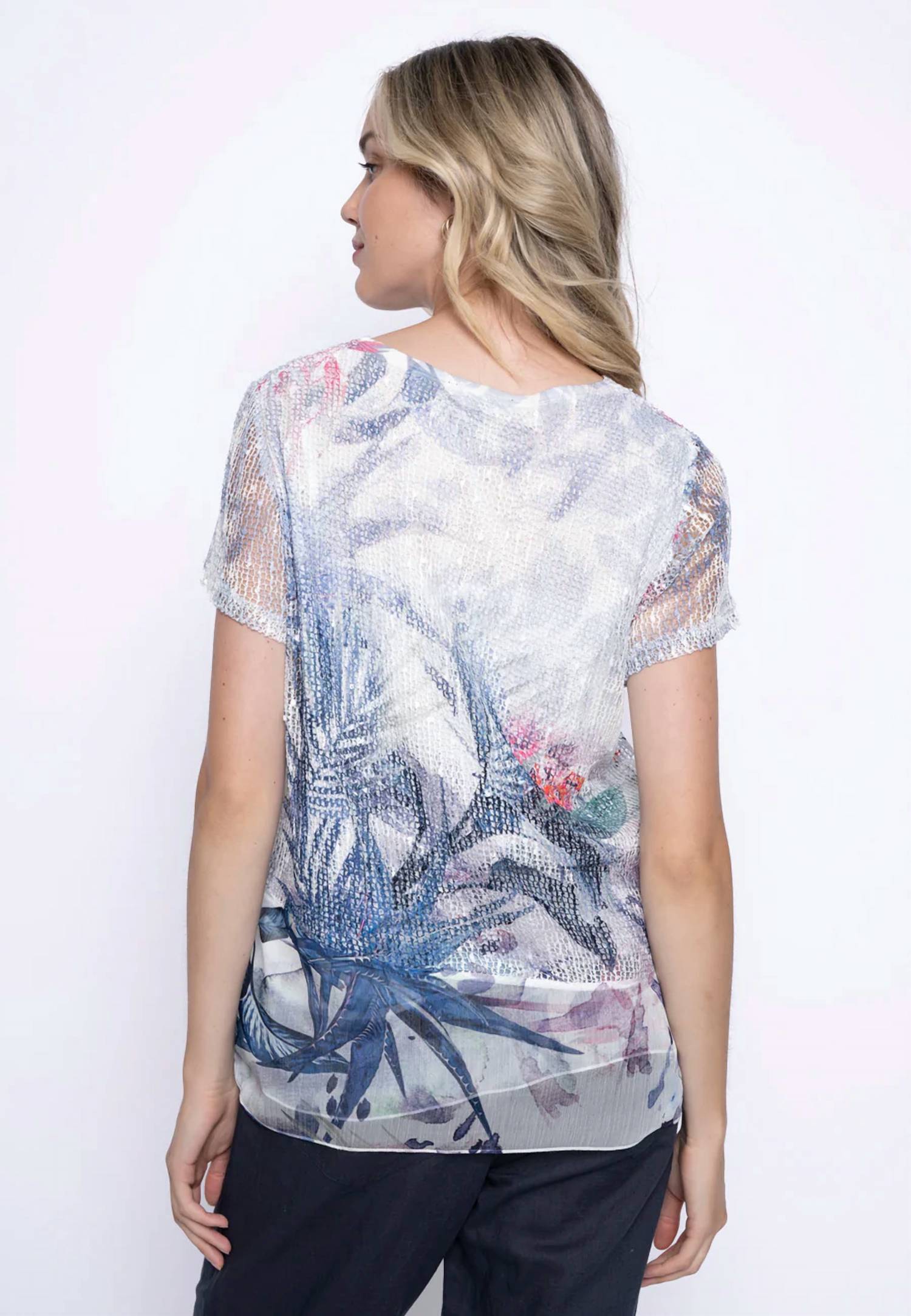 Picadilly - Tropical Print Netted Short Sleeve Top