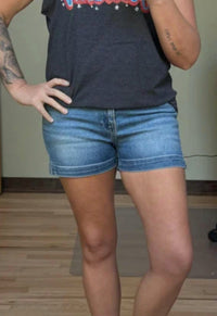 Risen - High Rise Side Slit Denim Shorts
