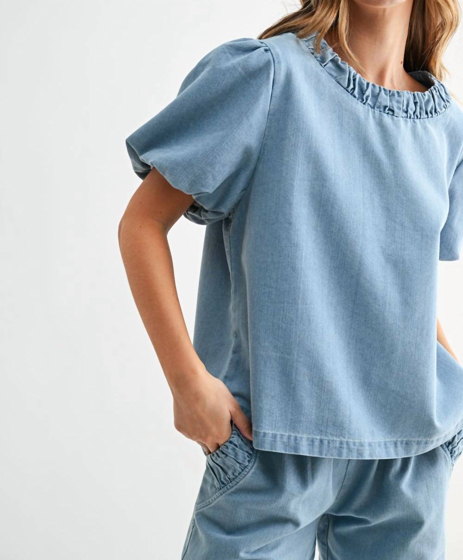 Joh Denna Puff Sleeve Top in denim - women's blouse - alternate view