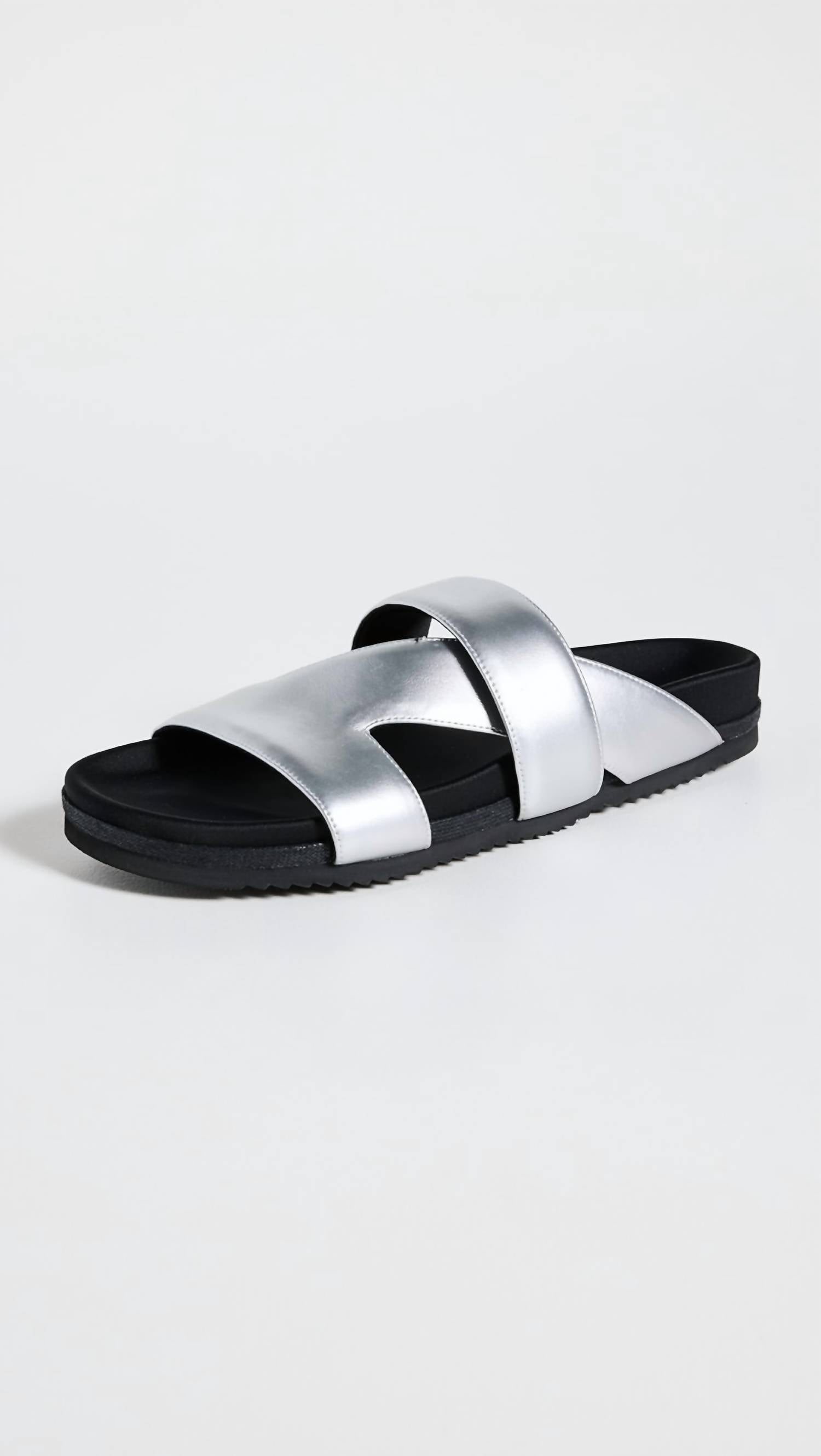 ROAM Women's 7 Slide Vegan Leather Flat Slip-on Sandals in silver black - women's sandal