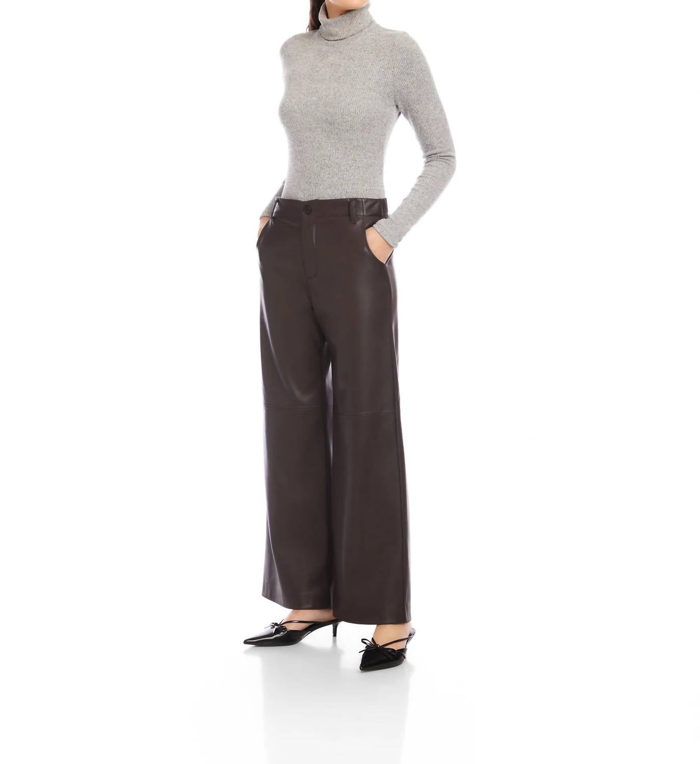 Fifteen Twenty Lara Faux Leather Wide Leg Pants in brown - women's pants - alternate view
