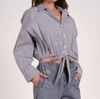 Elan - Button Up Stripe Blouse With Tie Bottom