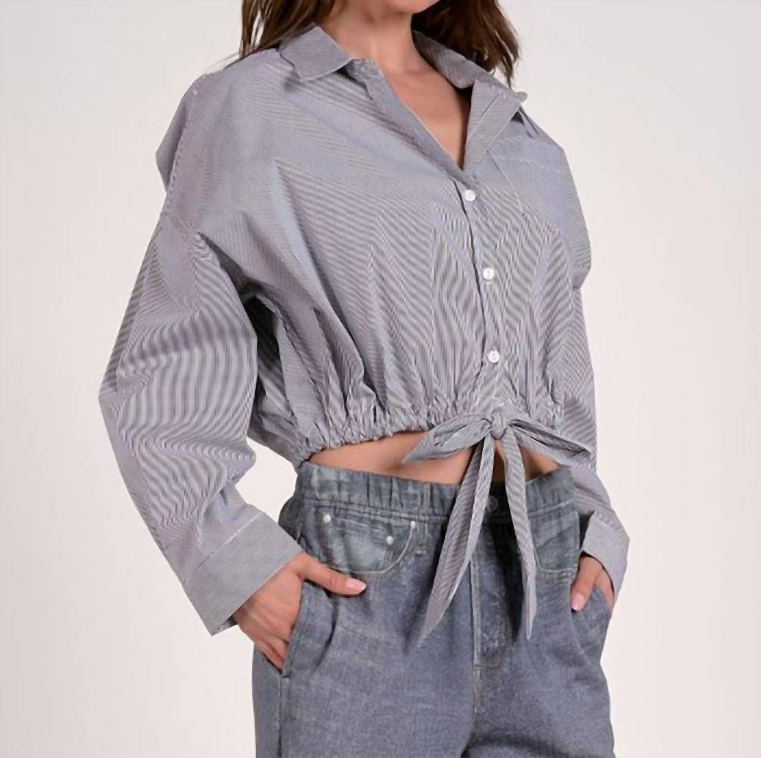 Elan - Button Up Stripe Blouse With Tie Bottom