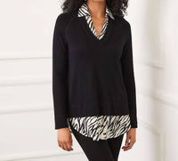 Karen Kane Layered Contrast Zebra Sweater in black - women's sweater - detail view