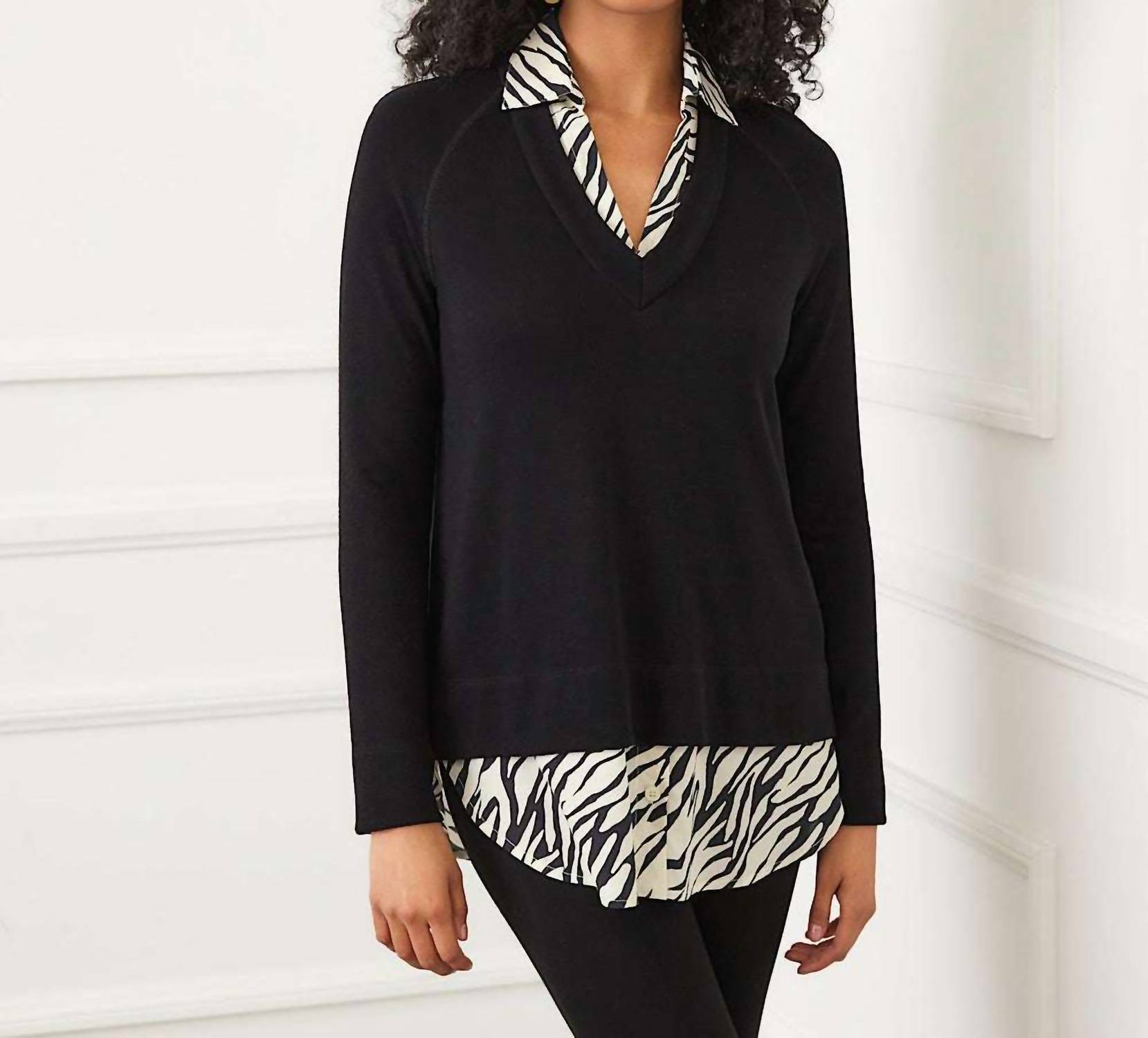 Karen Kane Layered Contrast Zebra Sweater in black - women's sweater - detail view