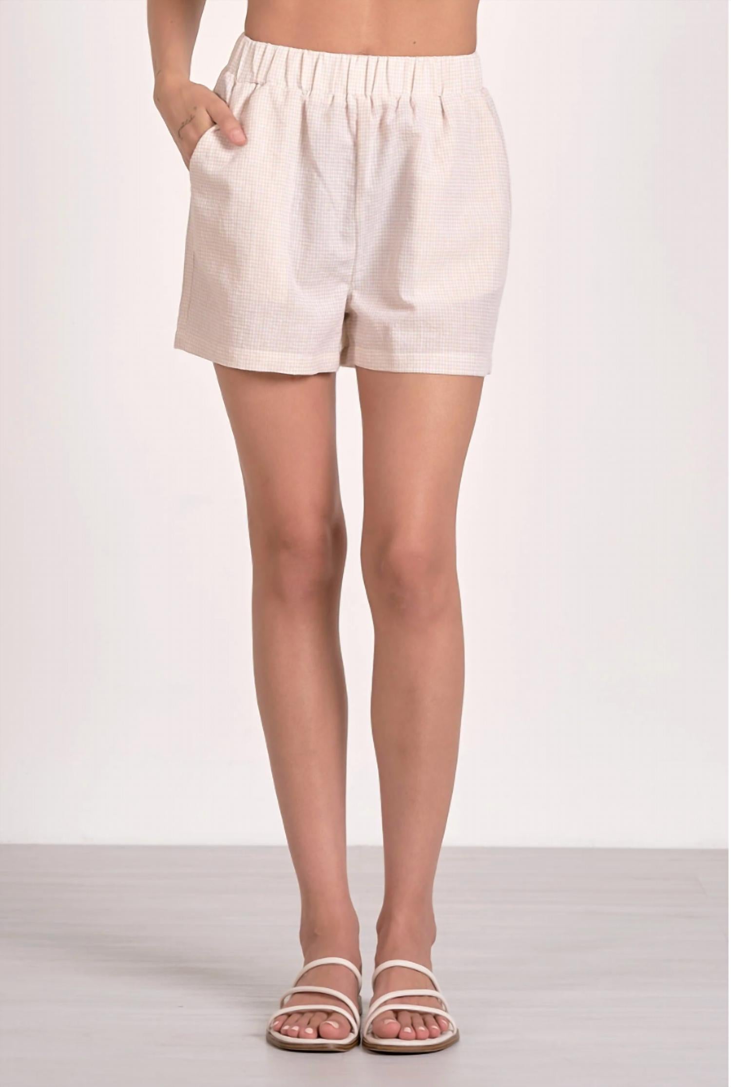ELAN Seersucker Pull On Shorts in tan - women's shorts