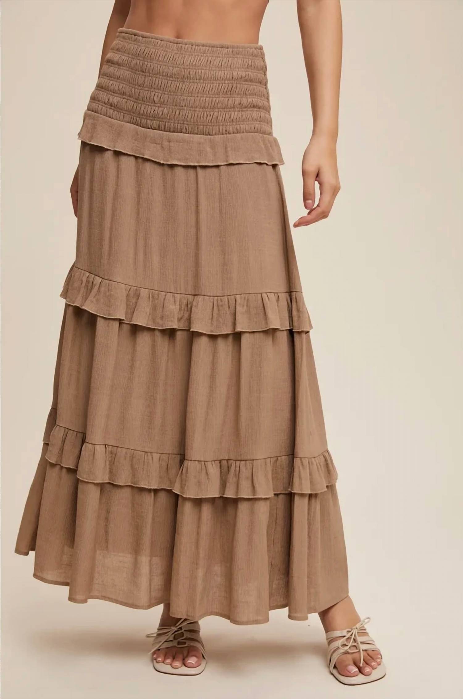Listicle - 2-way Smocked Ruffle Tiered Midi Dress Or Skirt