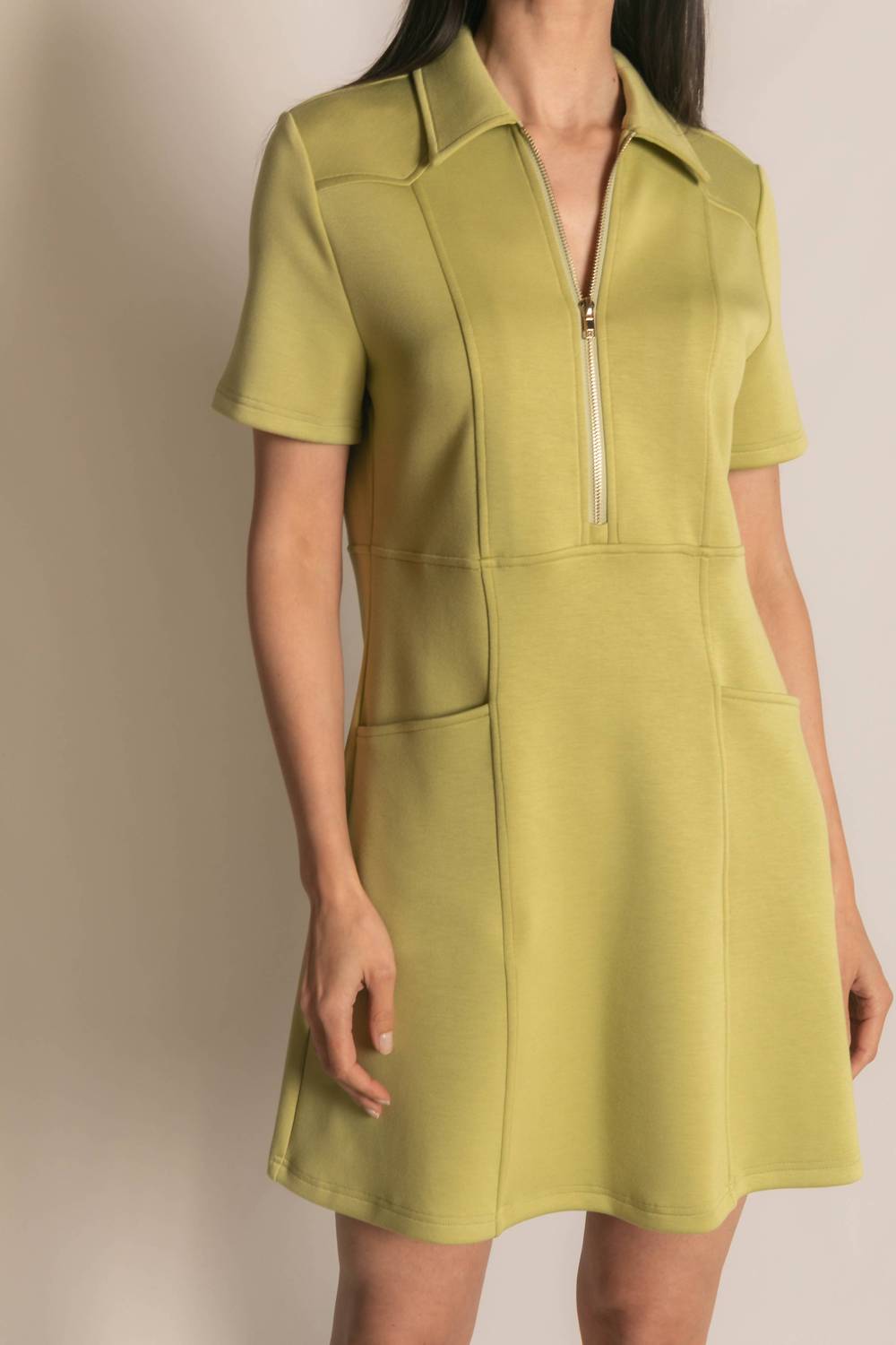 P.CILL Modal Quarter Zip Short Sleeve Dress in lemon grass - women's dress - detail view
