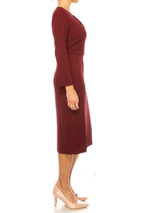 Maggy London - Long Sleeve Pleated Neck Sheath Dress