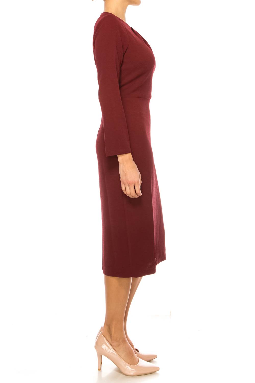 Maggy London - Long Sleeve Pleated Neck Sheath Dress