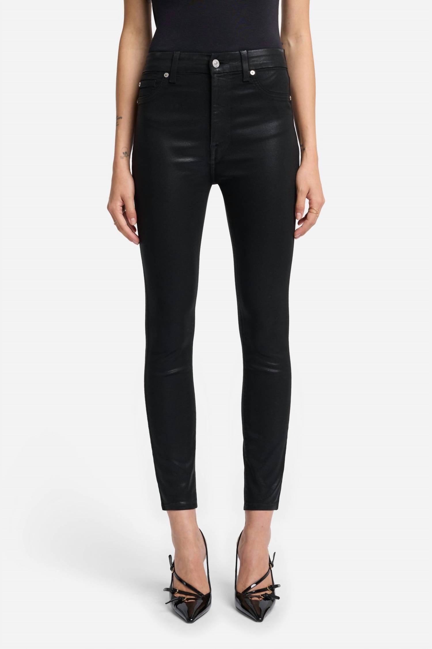 7 For All Mankind High Waist Ankle Skinny Jean in coated black - women's jeans