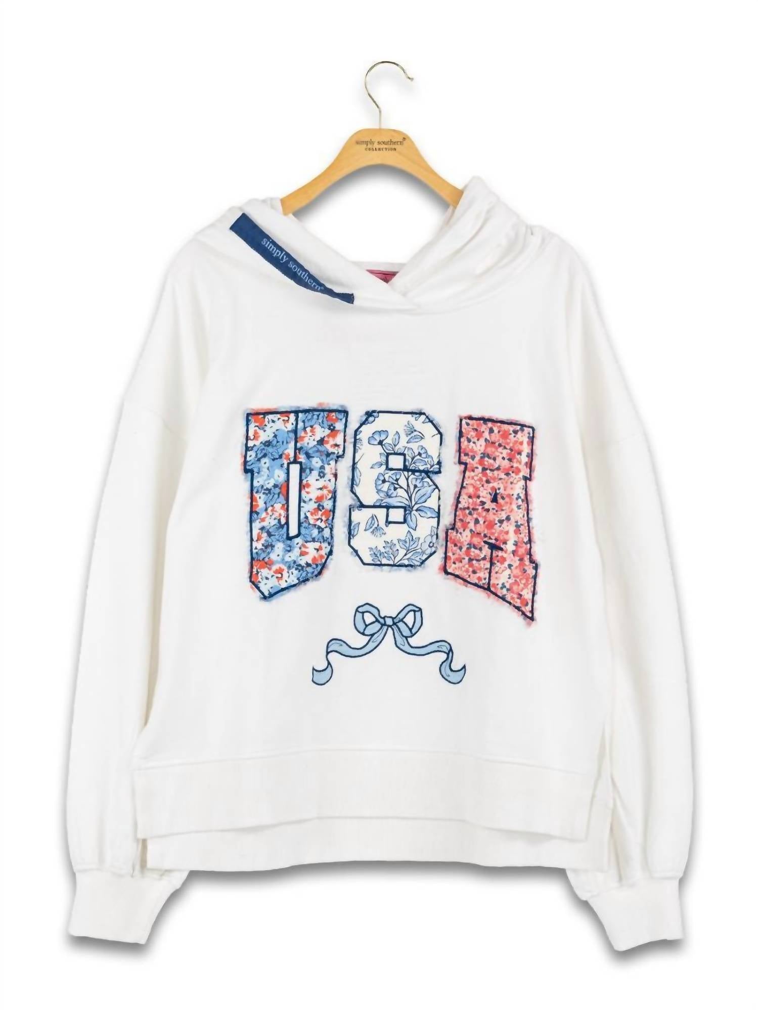 Simply Southern Usa Ribbed Cuffs Hoodie in white - women's top - detail view