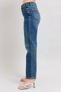 Judy Blue High Waisted Rigid Magic Non-destroy Straight Jeans in dark wash - women's jeans - detail view