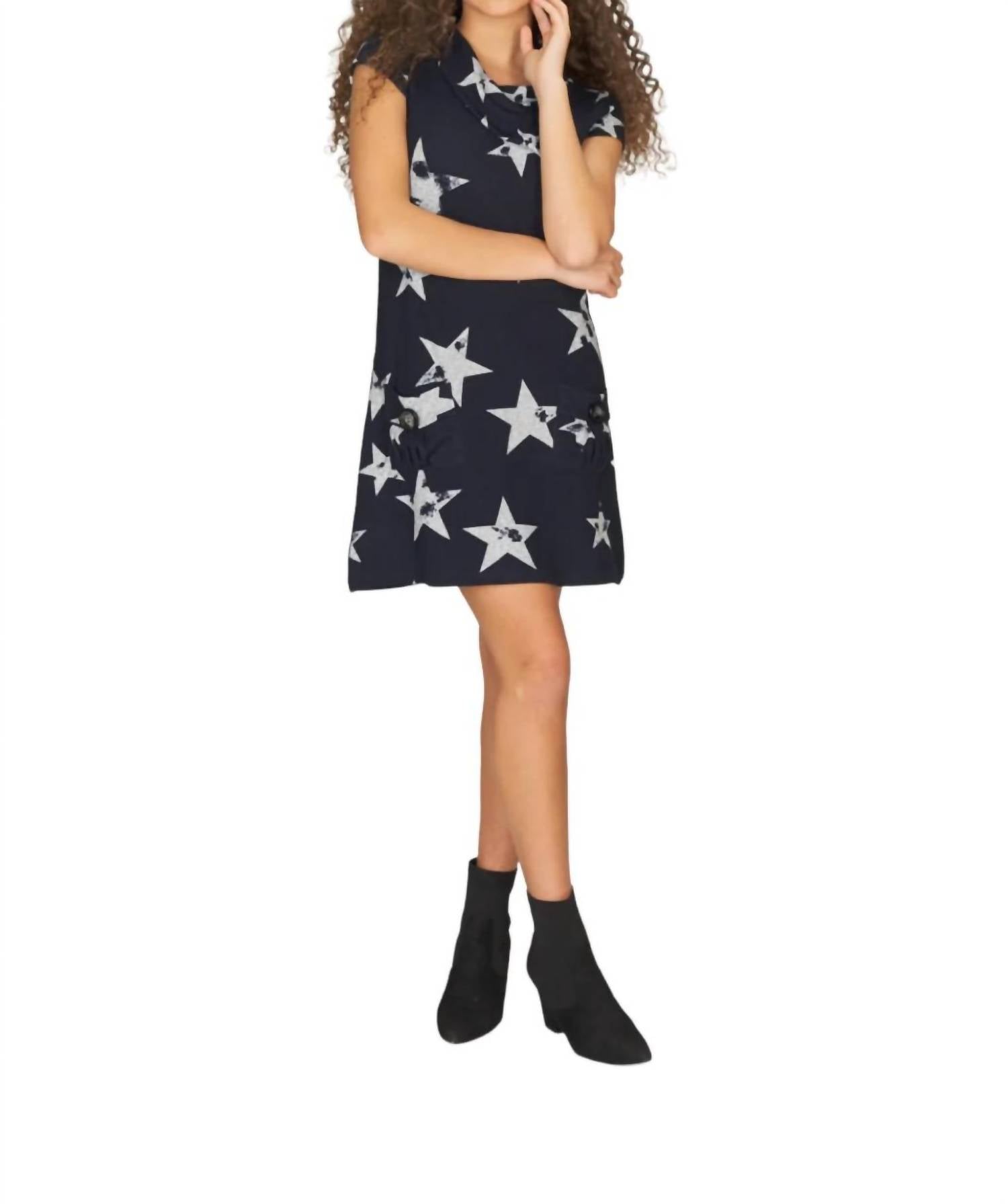 Papillon - Star Print Short Sleeve Dress With Foldover Collar
