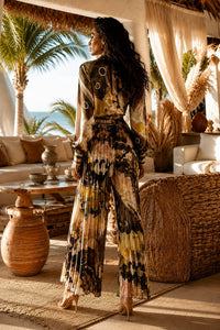 Surelymine - Abstract Print Pleated Wide Leg Jumpsuit